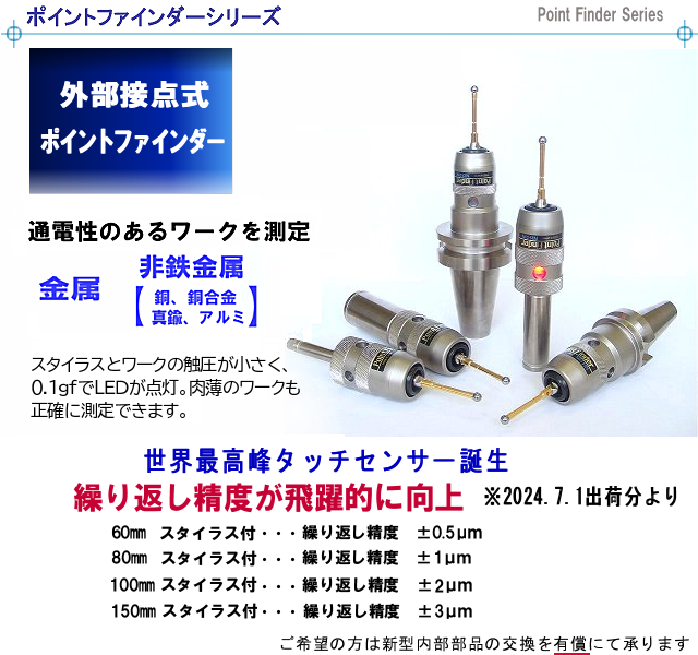 ポイントファインダーシリーズは基準位置測定、内外径、心出し、角度、溝幅、
	高さなどあらゆる測定が可能なマシニングセンタ用三次元測定器（機上測定用・機内測定用の高精度プローブ）です。
	全機種非磁性スタイラス付。繰り返し精度は±0.5μmです。PTN,PTC,WP,SPi,WPiの5種類あります。